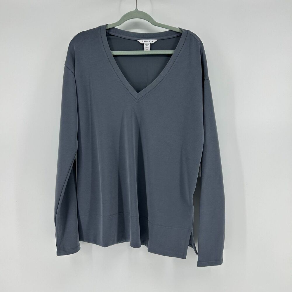 NWT Athleta Seasoft V-Neck Sweatshirt Women's M Slate Blue Grey Lightweight Top